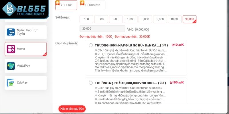 Nạp tiền BL555 ví điện tử